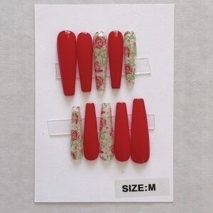 Hand Crafted Red Floral XXXL Press On Nails